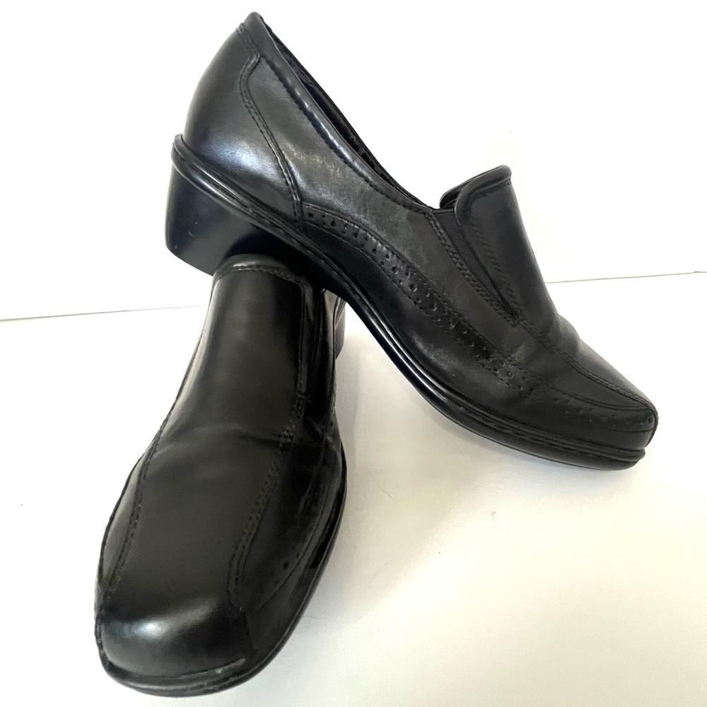 Earth Origins Megan Black Leather Comfort Slip On Loafer Shoe Block Heel Size 8